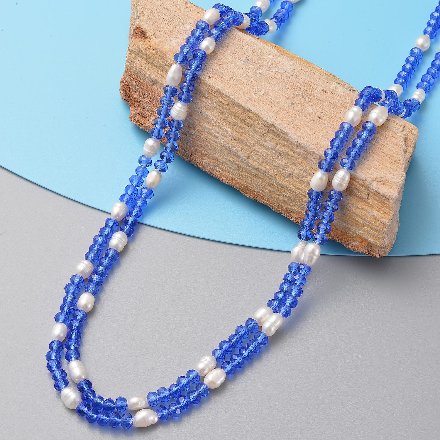 Simulated Blue Diamond and Freshwater White Cultured Pearl Beaded Endless Necklace 48 Inches