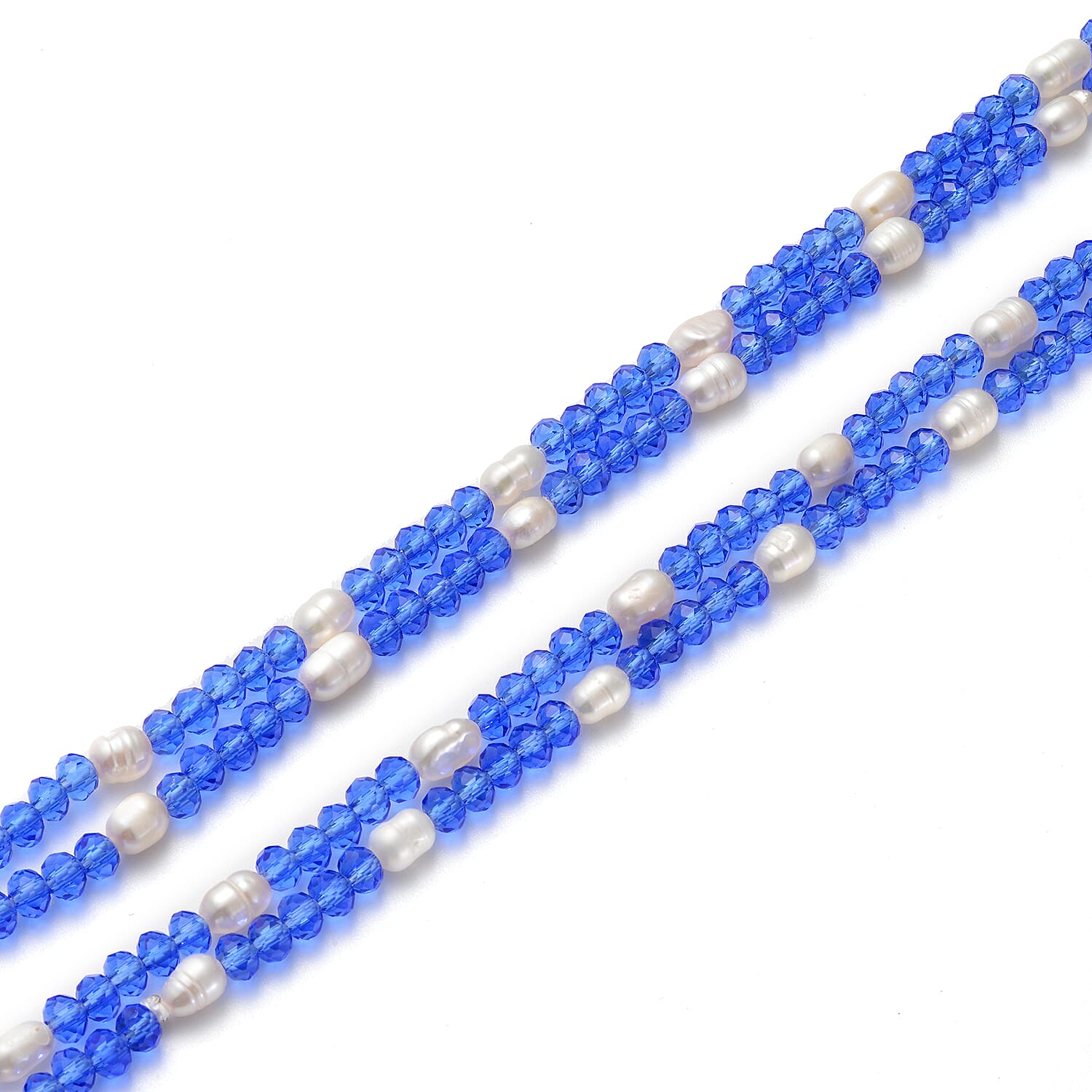 Simulated Blue Diamond and Freshwater White Cultured Pearl Beaded Endless Necklace 48 Inches