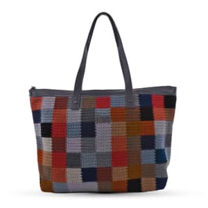 DOWA Multi Color Castle Rock 100% Nylon with Leather Handwoven Tote Bag