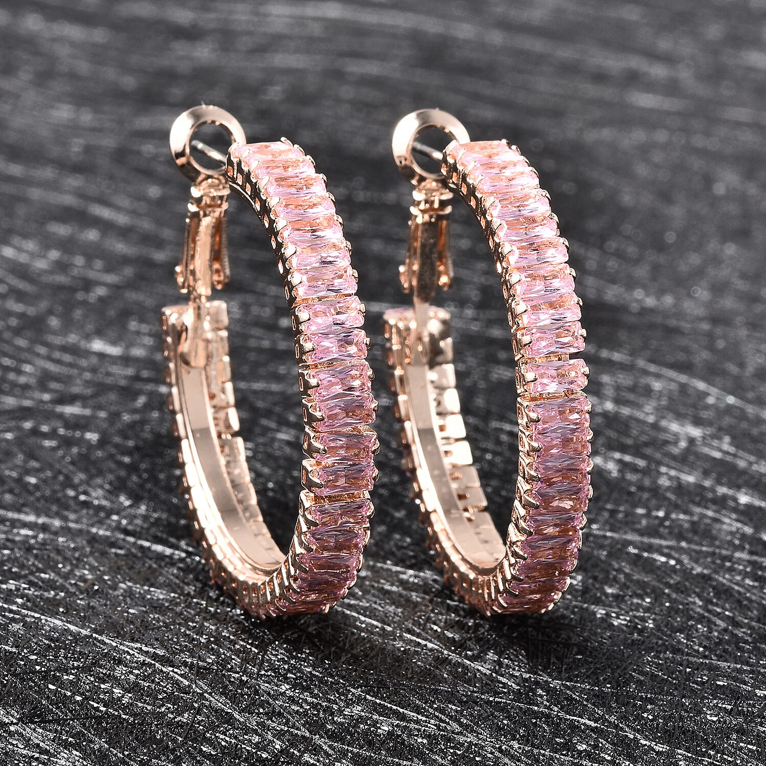 Simulated Pink Diamond Hoop Earrings in Rosetone