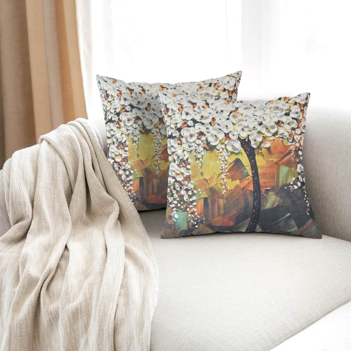 Homesmart White & Yellow Floral Tree Pattern 100% Polyester Cushion Cover Set of 2, Wrinkle Resistant Ultra Soft Cushion Cover Set with Zipper Closure image number 0
