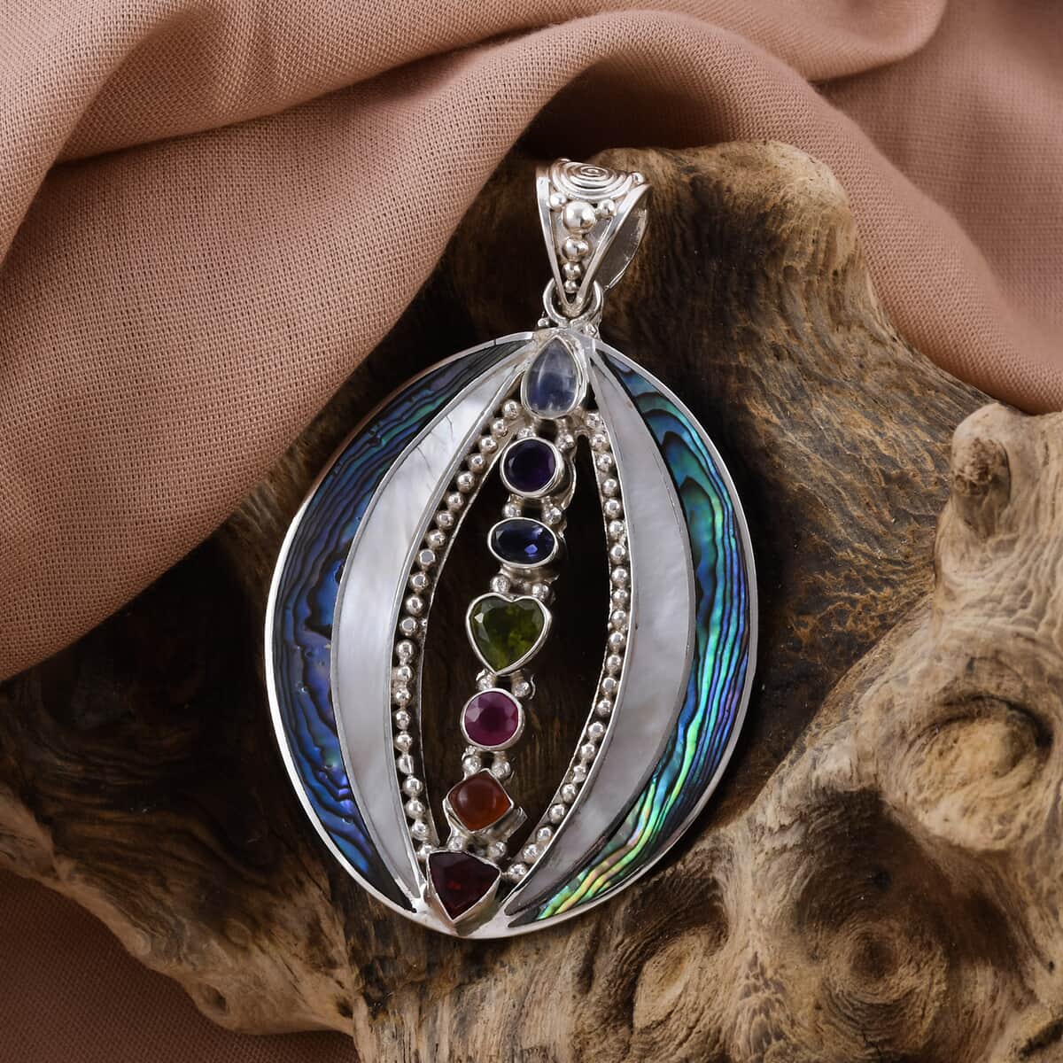 Sajen Silver Abalone Shell and Multi Gemstone Pendant in Sterling Silver 16.20 Grams 5.00 ctw image number 1