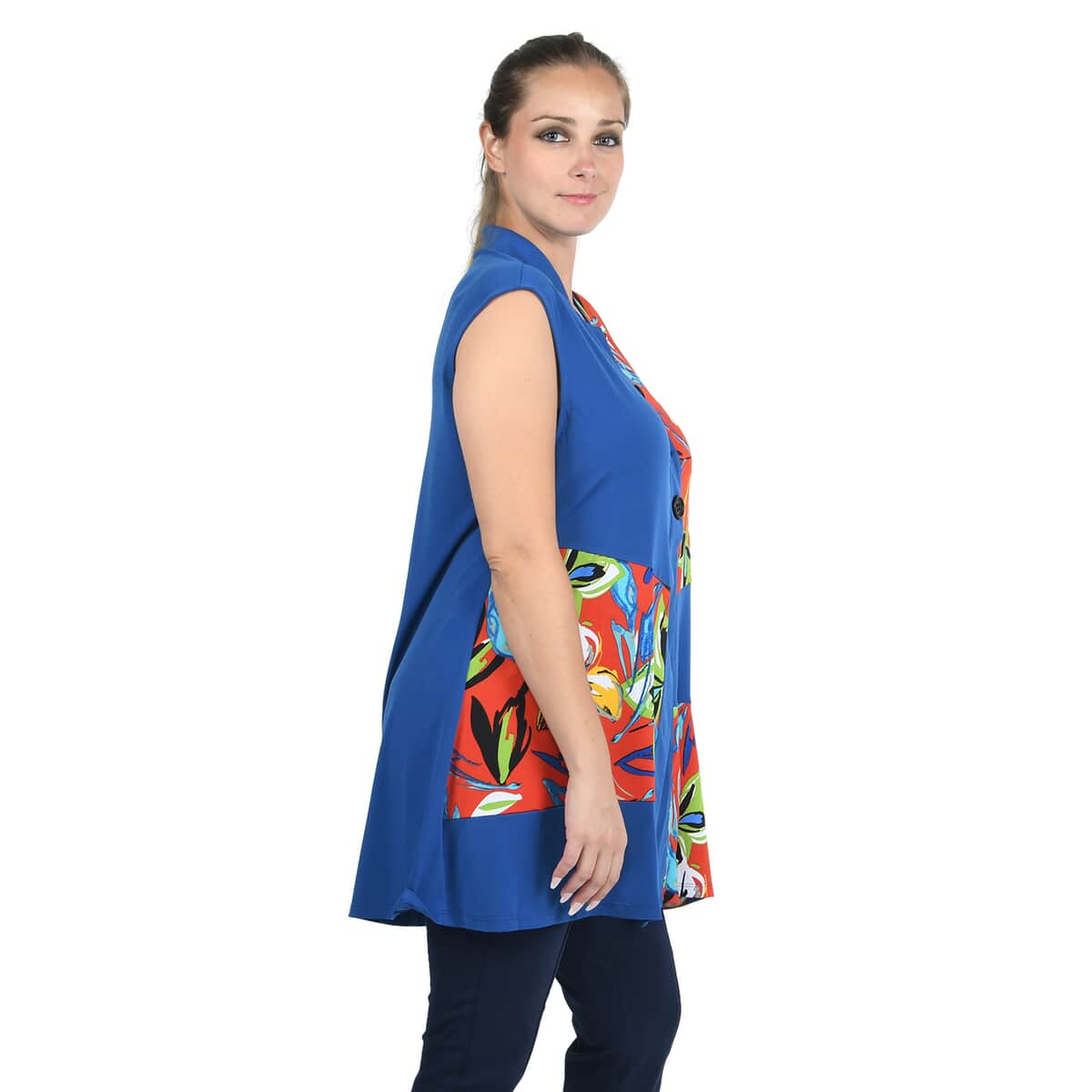 JOVIE Blue Floral Printed Sleeveless Tunic with Buttons (S) image number 2