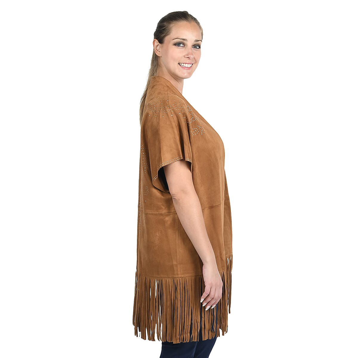 JOVIE Tan Western Style Cover-up with Fringe Hem image number 2