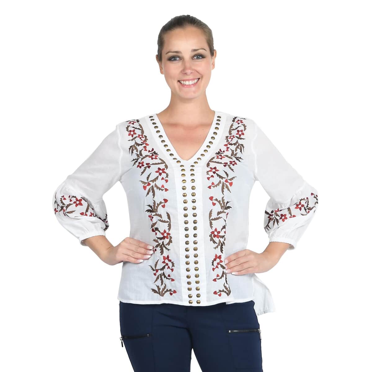 JOVIE White Floral Embroidered Bubble Sleeve Blouse with Stud Embellishments (S) image number 0