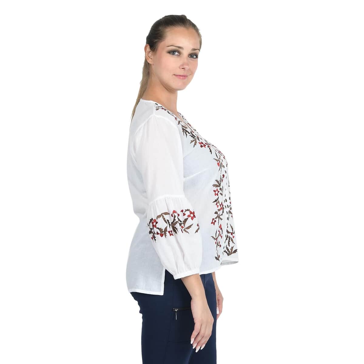 JOVIE White Floral Embroidered Bubble Sleeve Blouse with Stud Embellishments image number 2
