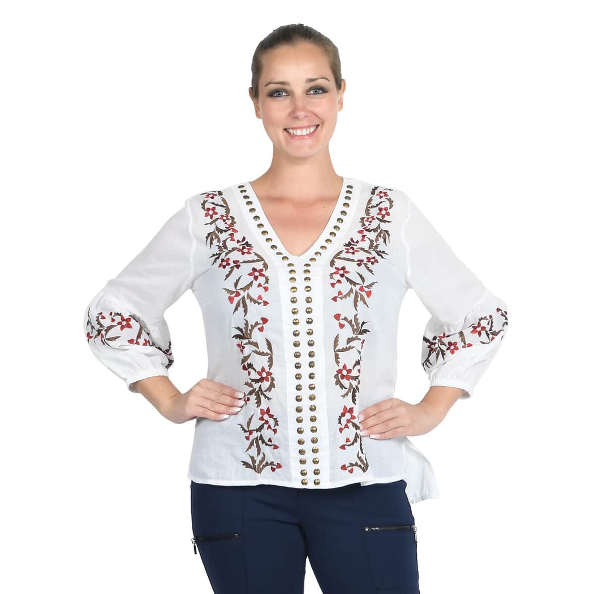 JOVIE White Floral Embroidered Bubble Sleeve Blouse with Stud Embellishments (M) image number 0