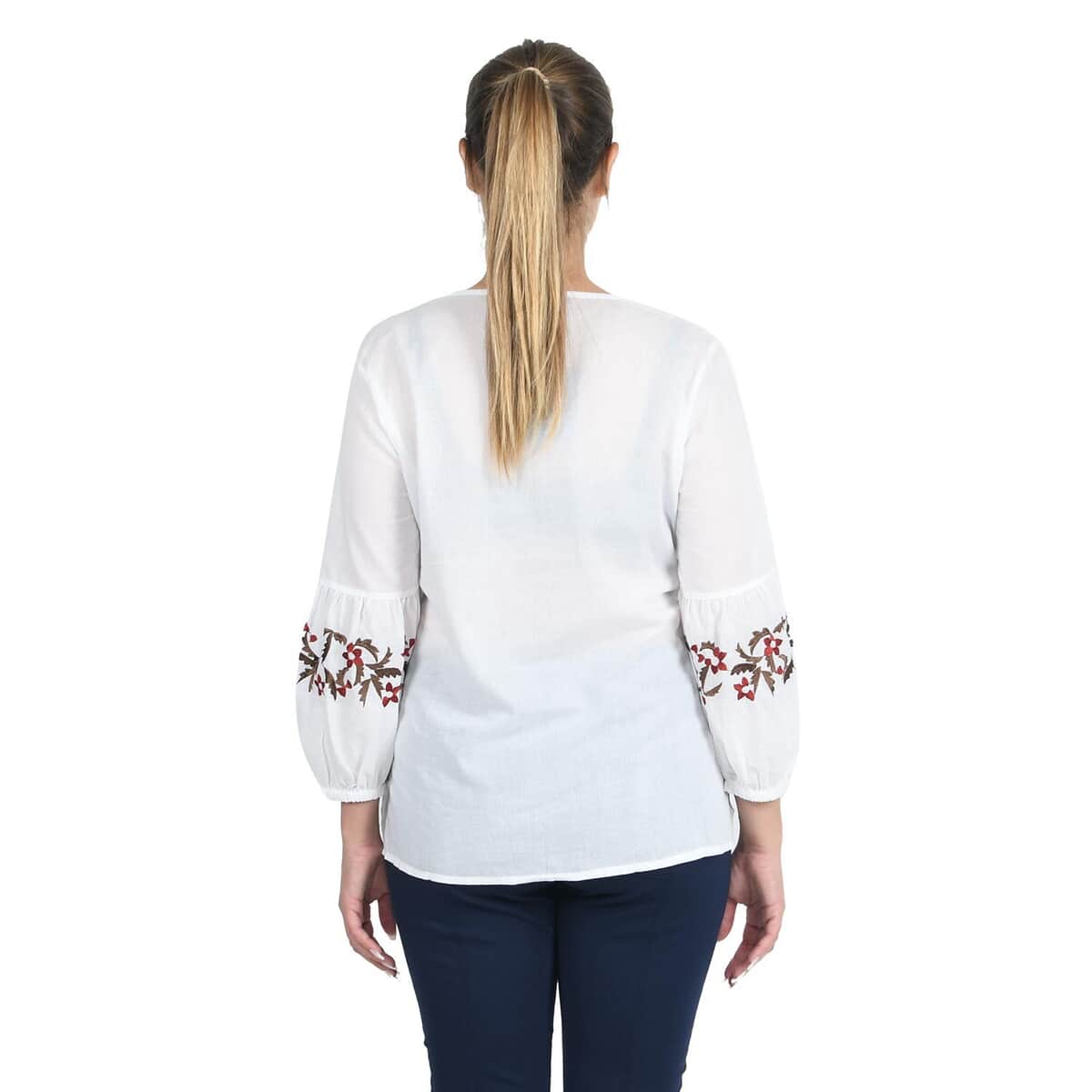 JOVIE White Floral Embroidered Bubble Sleeve Blouse with Stud Embellishments (M) image number 1