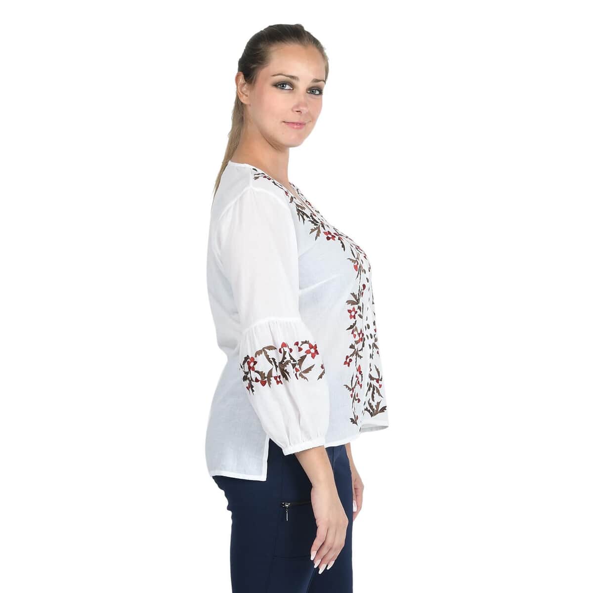 JOVIE White Floral Embroidered Bubble Sleeve Blouse with Stud Embellishments (M) image number 2