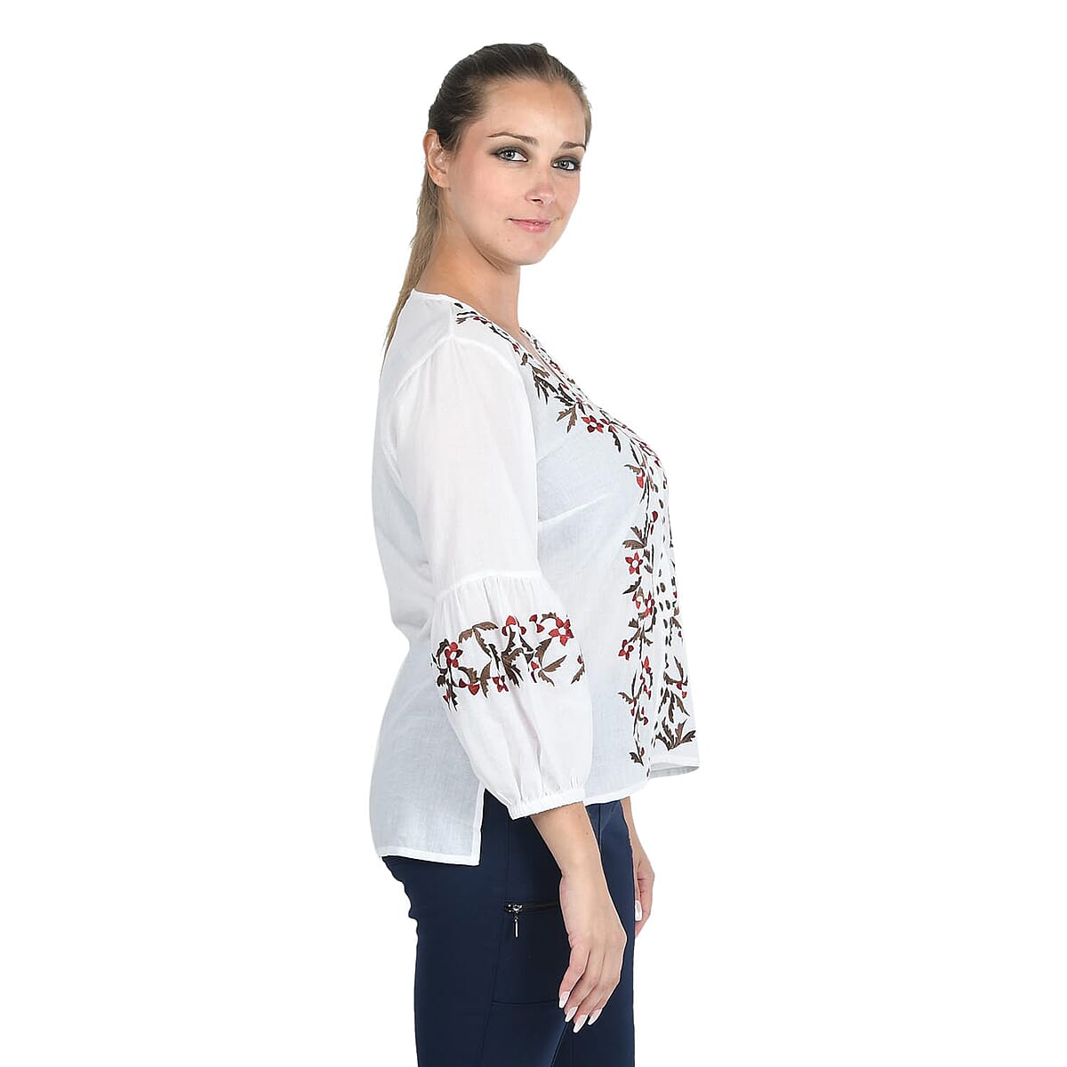 JOVIE White Floral Embroidered Bubble Sleeve Blouse with Stud Embellishments (L) image number 2