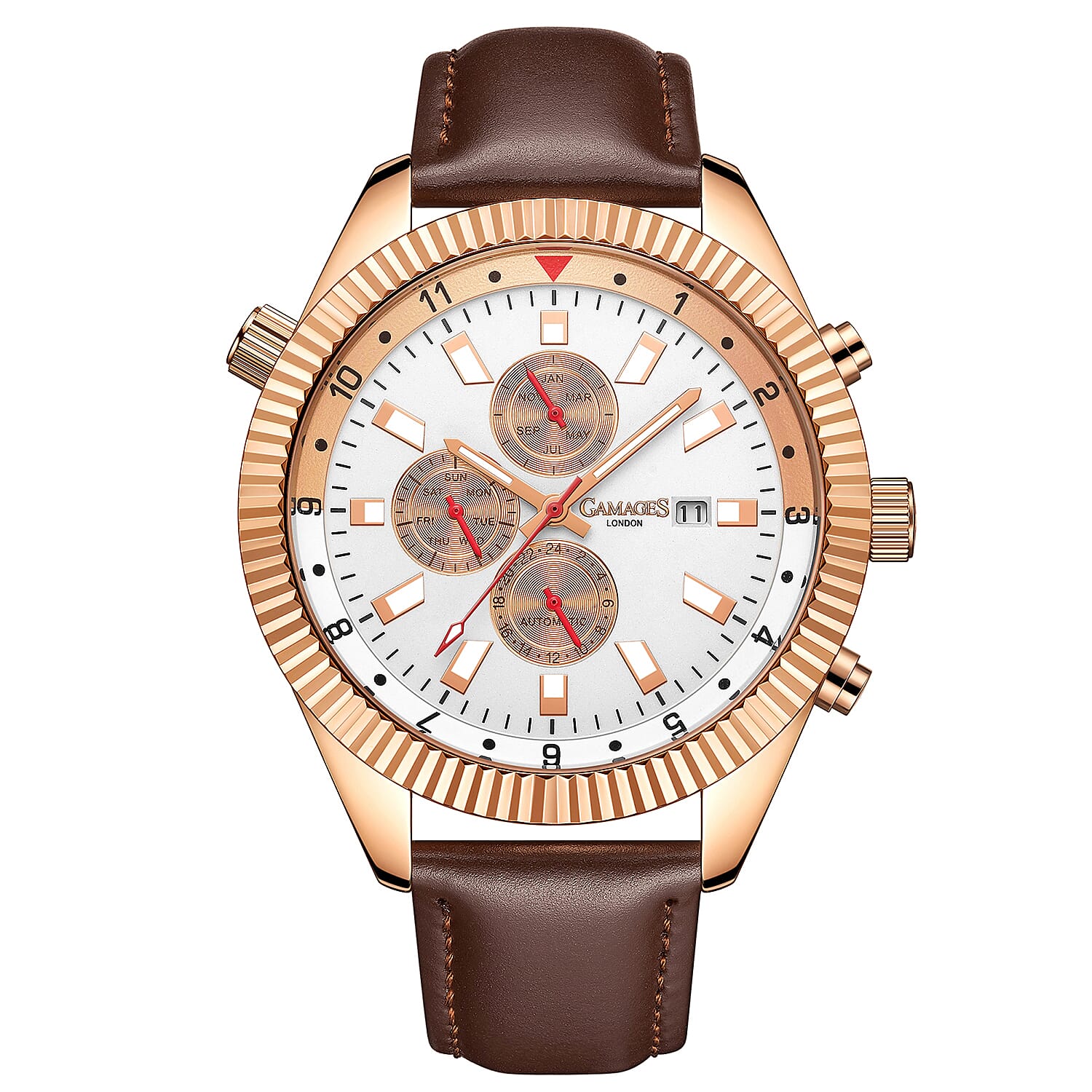 GAMAGES OF LONDON Limited Edition Hand Assembled Hour Rotator Automatic Movement Genuine Leather Strap Watch in Brown (48mm) FREE GIFT PEN