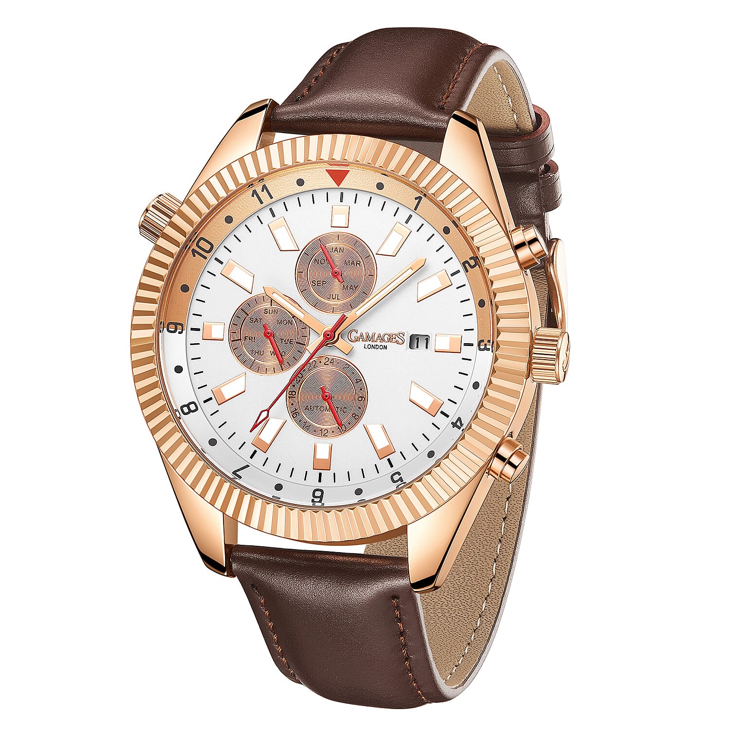 GAMAGES OF LONDON Limited Edition Hand Assembled Hour Rotator Automatic Movement Genuine Leather Strap Watch in Brown (48mm) FREE GIFT PEN