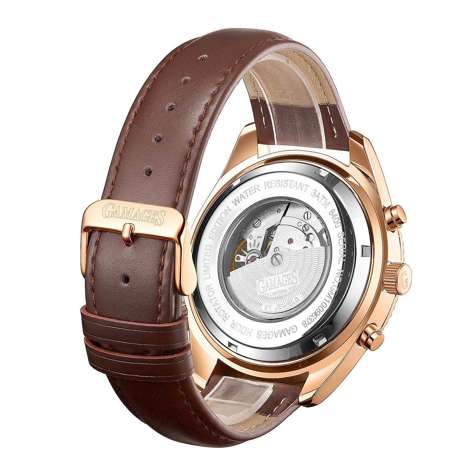 GAMAGES OF LONDON Limited Edition Hand Assembled Hour Rotator Automatic Movement Genuine Leather Strap Watch in Brown (48mm) FREE GIFT PEN