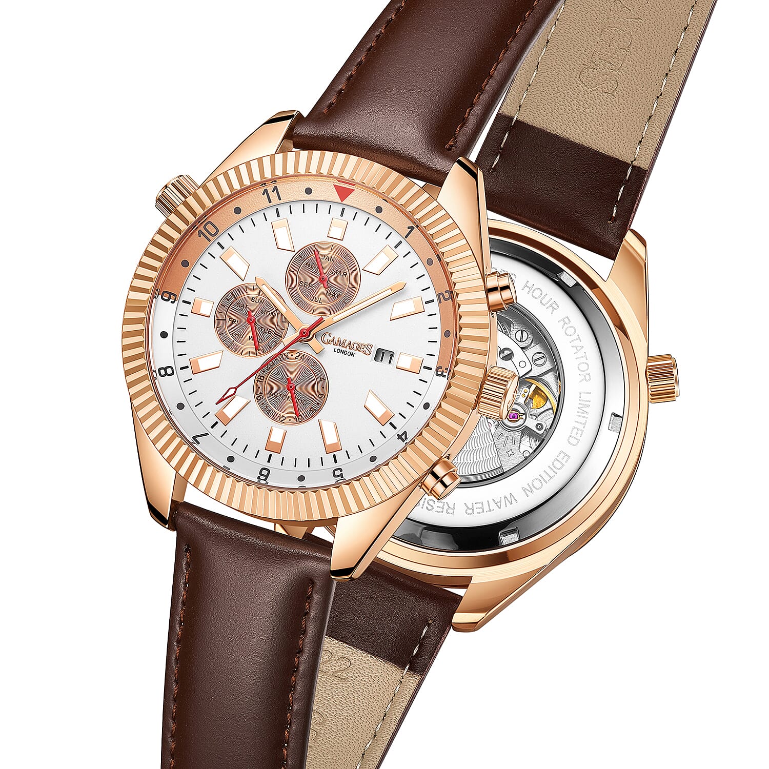 GAMAGES OF LONDON Limited Edition Hand Assembled Hour Rotator Automatic Movement Genuine Leather Strap Watch in Brown (48mm) FREE GIFT PEN