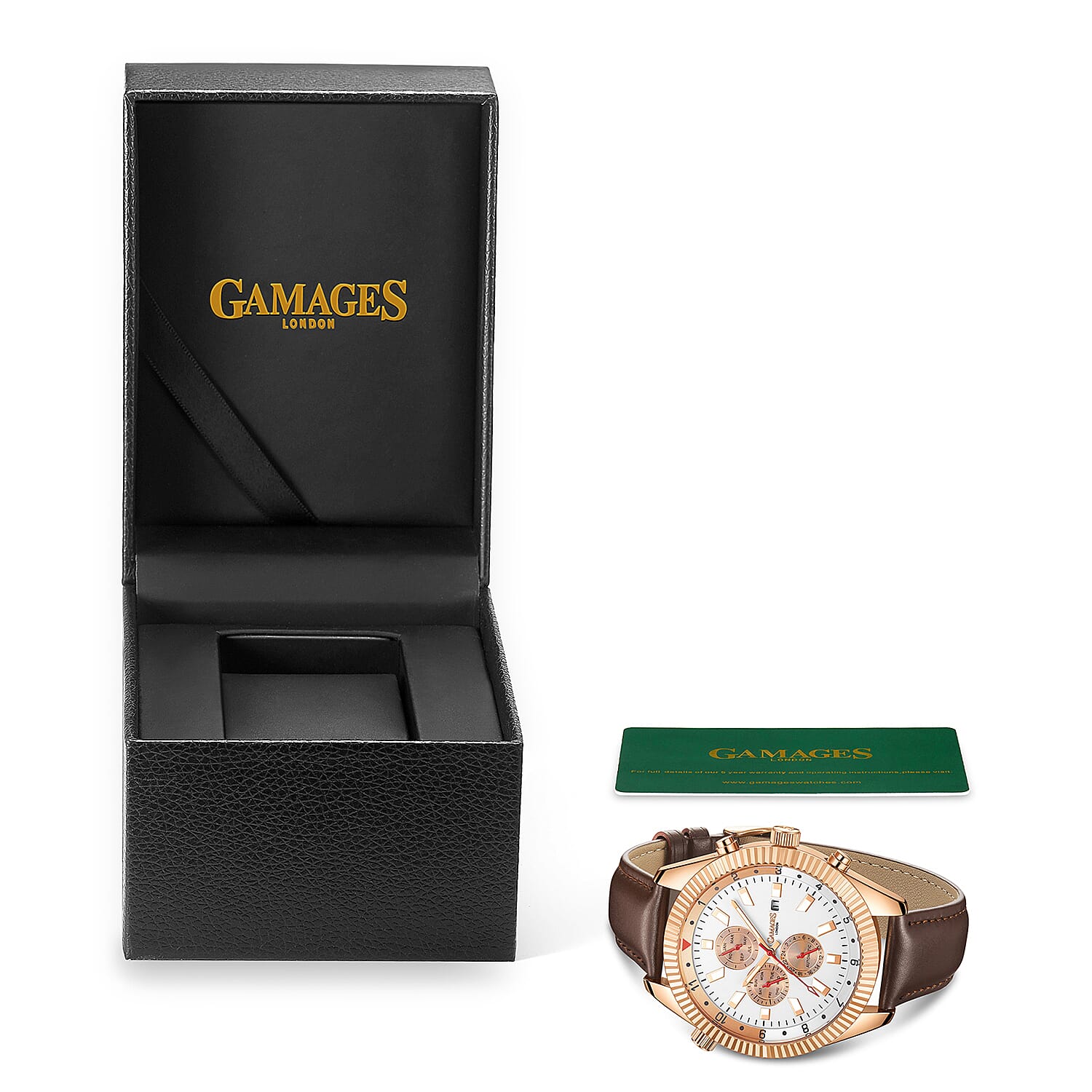 GAMAGES OF LONDON Limited Edition Hand Assembled Hour Rotator Automatic Movement Genuine Leather Strap Watch in Brown (48mm) FREE GIFT PEN