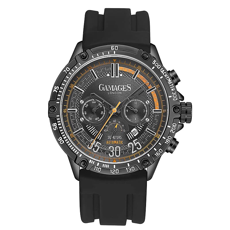 Gamages of London Limited Edition Hand Assembled Mechanical Racer Automatic Movement Silicone Strap Watch in Black (45mm) FREE GIFT PEN