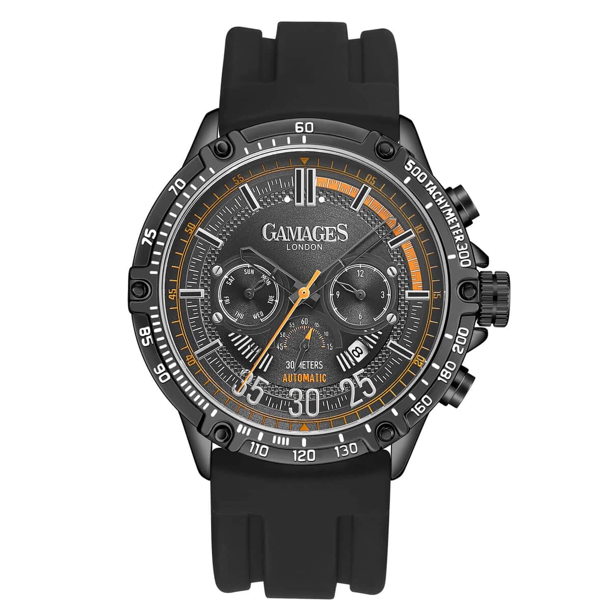 GAMAGES OF LONDON Limited Edition Hand Assembled Mechanical Racer Automatic Movement Silicone Strap Watch in Black (45mm) image number 0