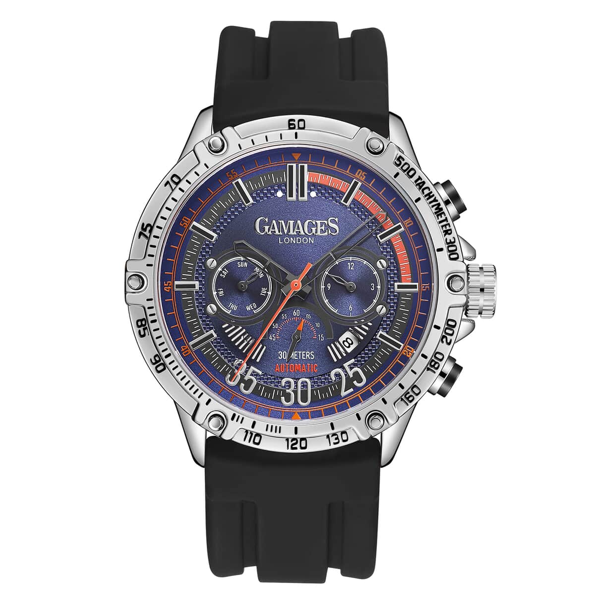 Gamages of London Limited Edition Hand Assembled Mechanical Racer Automatic Movement Silicone Strap Watch in Black (45mm) FREE GIFT PEN image number 0