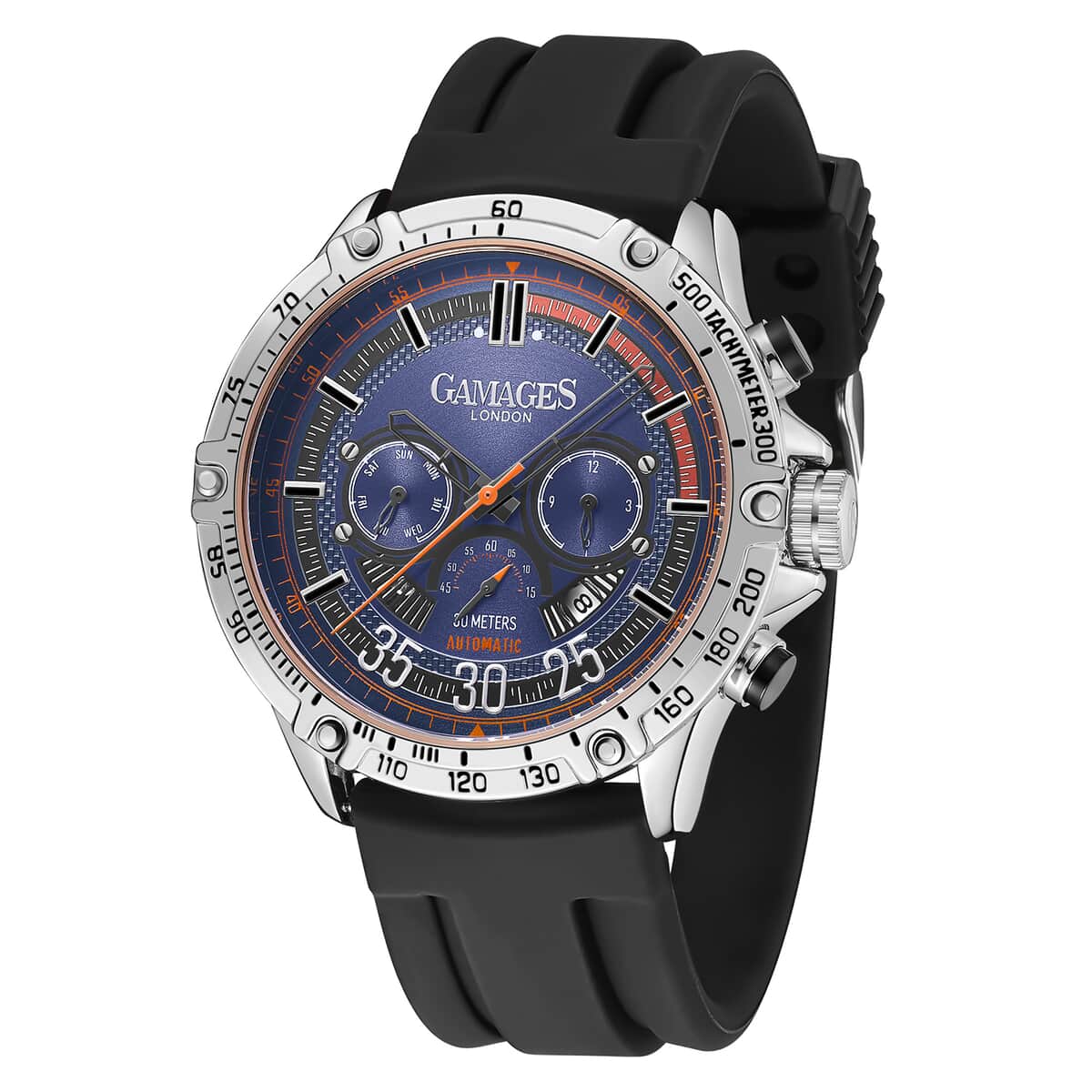 Gamages of London Limited Edition Hand Assembled Mechanical Racer Automatic Movement Silicone Strap Watch in Black (45mm) FREE GIFT PEN image number 2