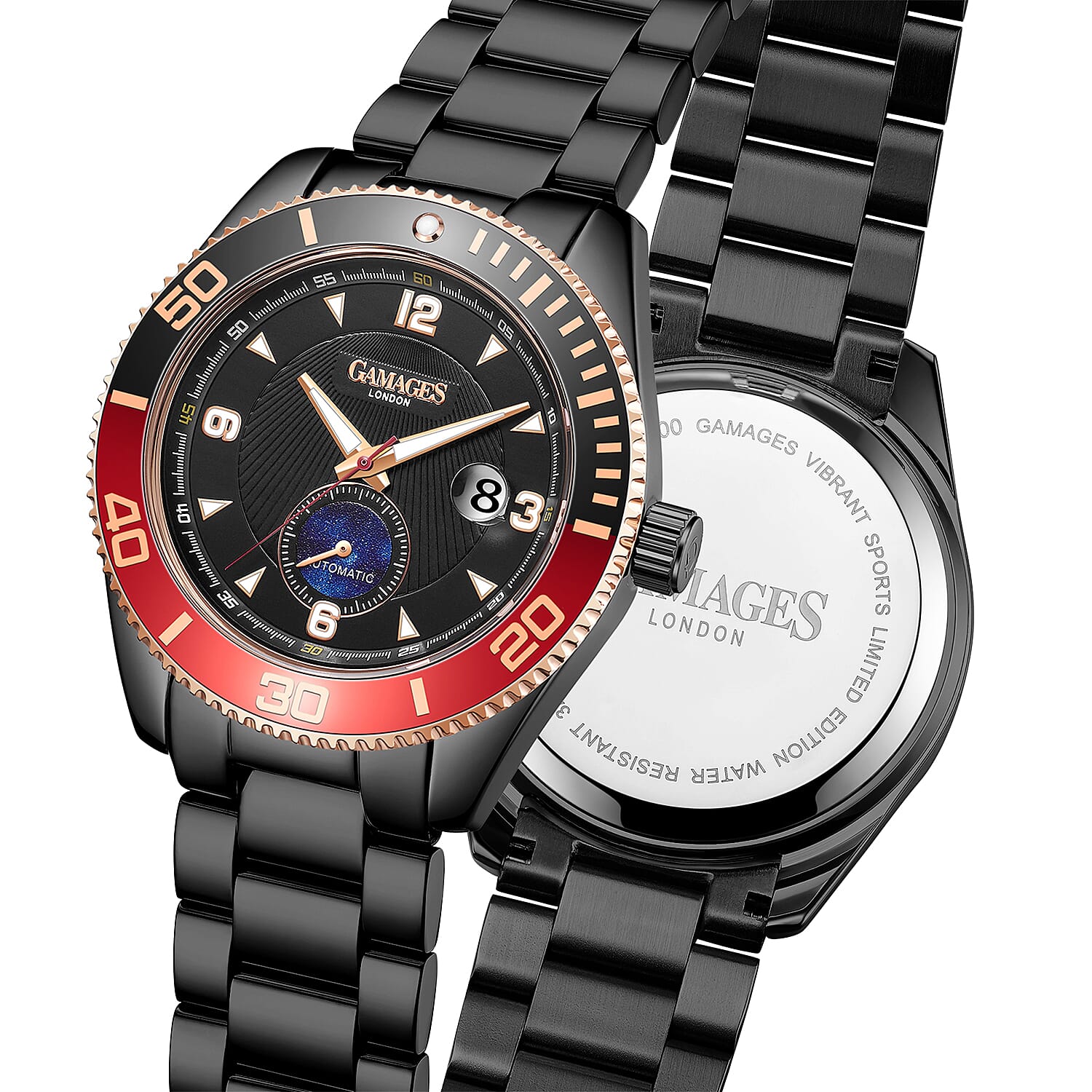 GAMAGES OF LONDON Limited Edition Hand Assembled Vibrant Sports Automatic Movement Watch in ION Plated Black Stainless Steel (45mm) FREE GIFT PEN