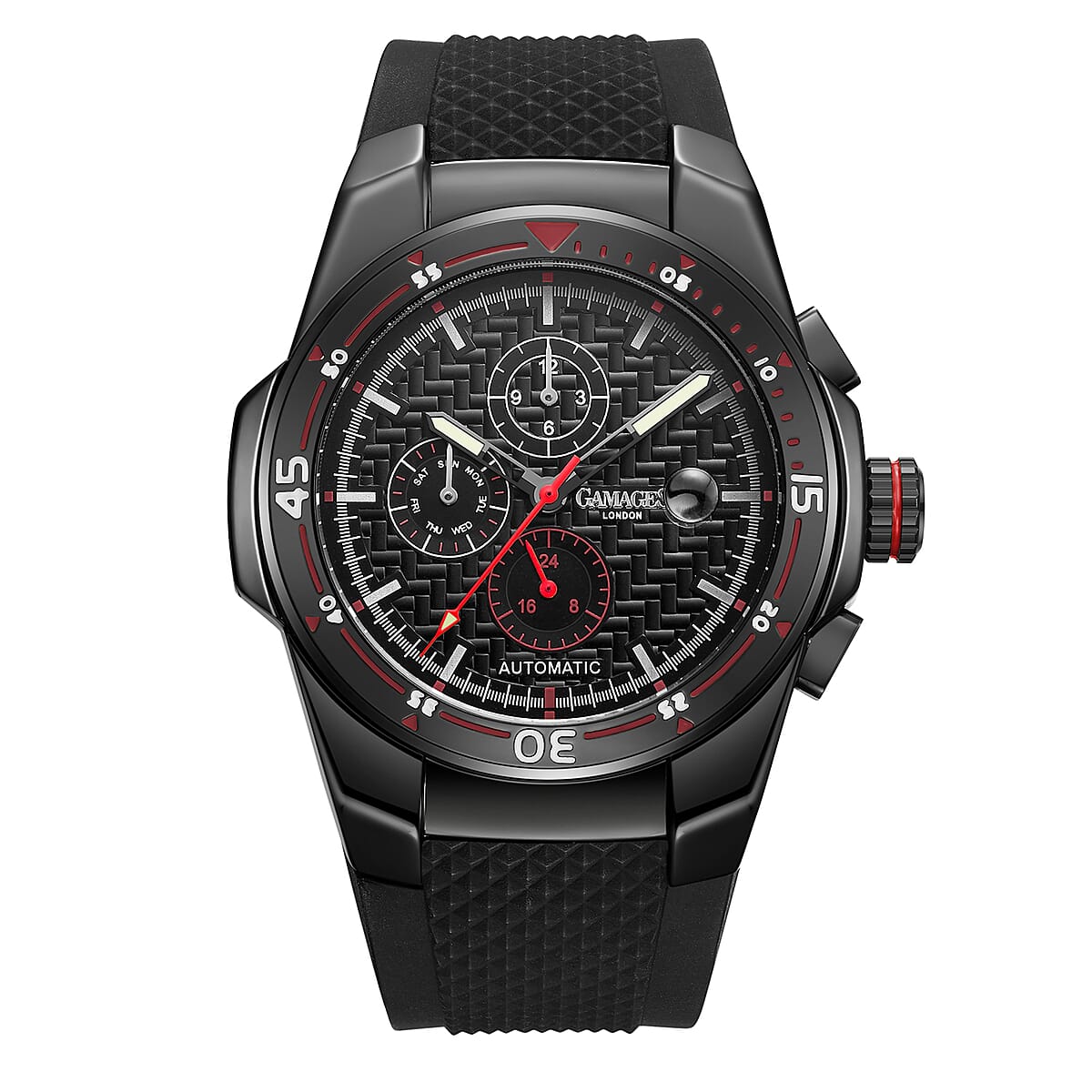 GAMAGES OF LONDON Limited Edition Hand Assembled Virtuo Automatic Movement Silicone Strap Watch in Black (45mm) image number 0