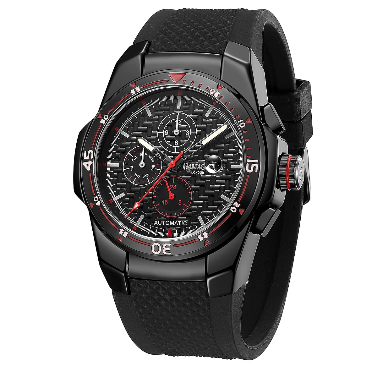 GAMAGES OF LONDON Limited Edition Hand Assembled Virtuo Automatic Movement Silicone Strap Watch in Black (45mm) image number 1
