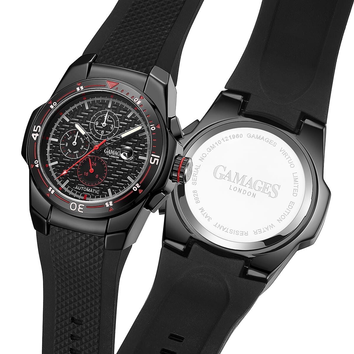 GAMAGES OF LONDON Limited Edition Hand Assembled Virtuo Automatic Movement Silicone Strap Watch in Black (45mm) image number 3