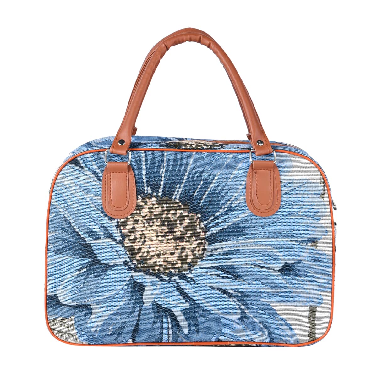 Off White and Blue Flower Pattern Jute Travel Bag (14.17"x5.9"x9.06") with 38 Inches Shoulder Strap image number 0