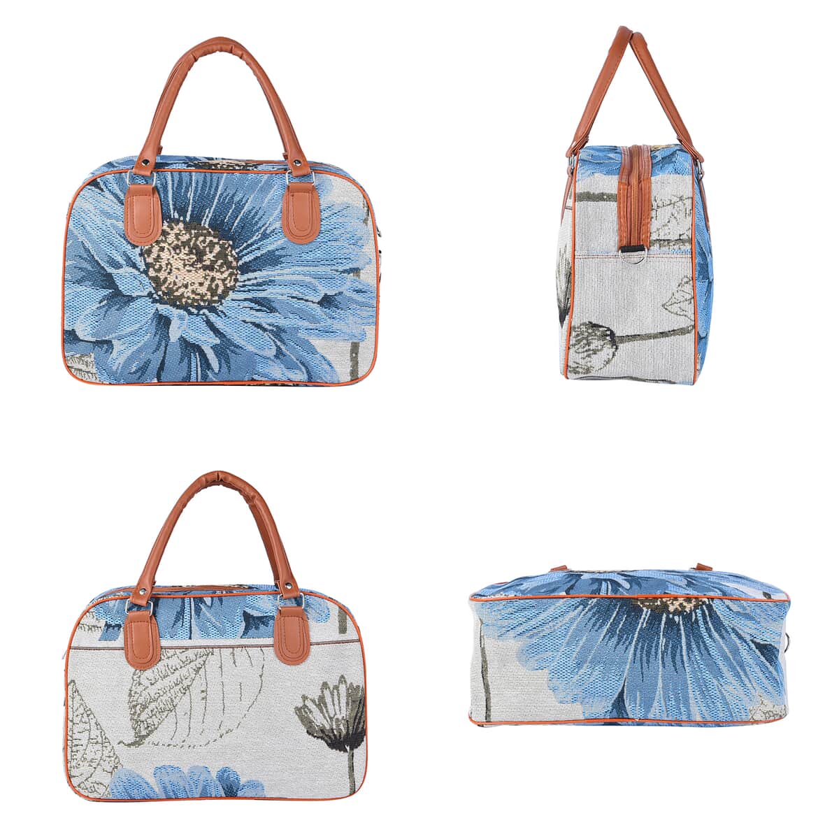 Off White and Blue Flower Pattern Jute Travel Bag (14.17"x5.9"x9.06") with 38 Inches Shoulder Strap image number 3