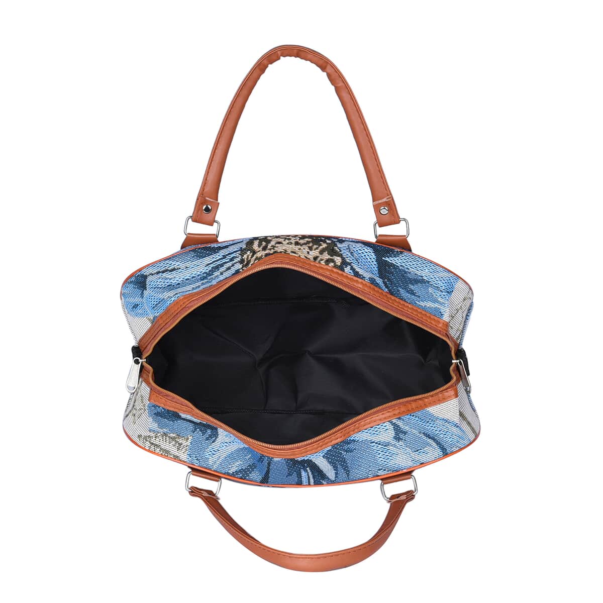Off White and Blue Flower Pattern Jute Travel Bag (14.17"x5.9"x9.06") with 38 Inches Shoulder Strap image number 5