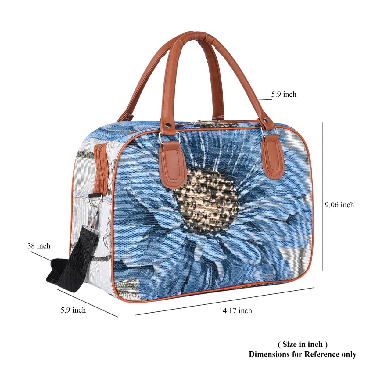 Off White and Blue Flower Pattern Jute Travel Bag (14.17"x5.9"x9.06") with 38 Inches Shoulder Strap image number 6