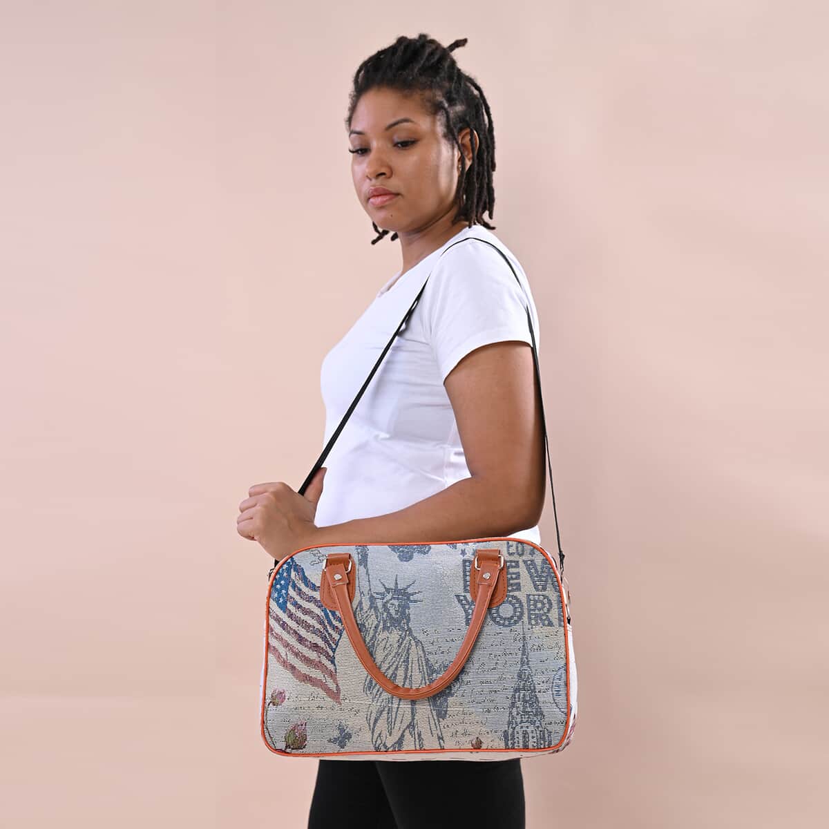NY Closeout Statue of Liberty Tapestry Top Zip Travel Duffle Bag with 38 Inches Shoulder Strap image number 1