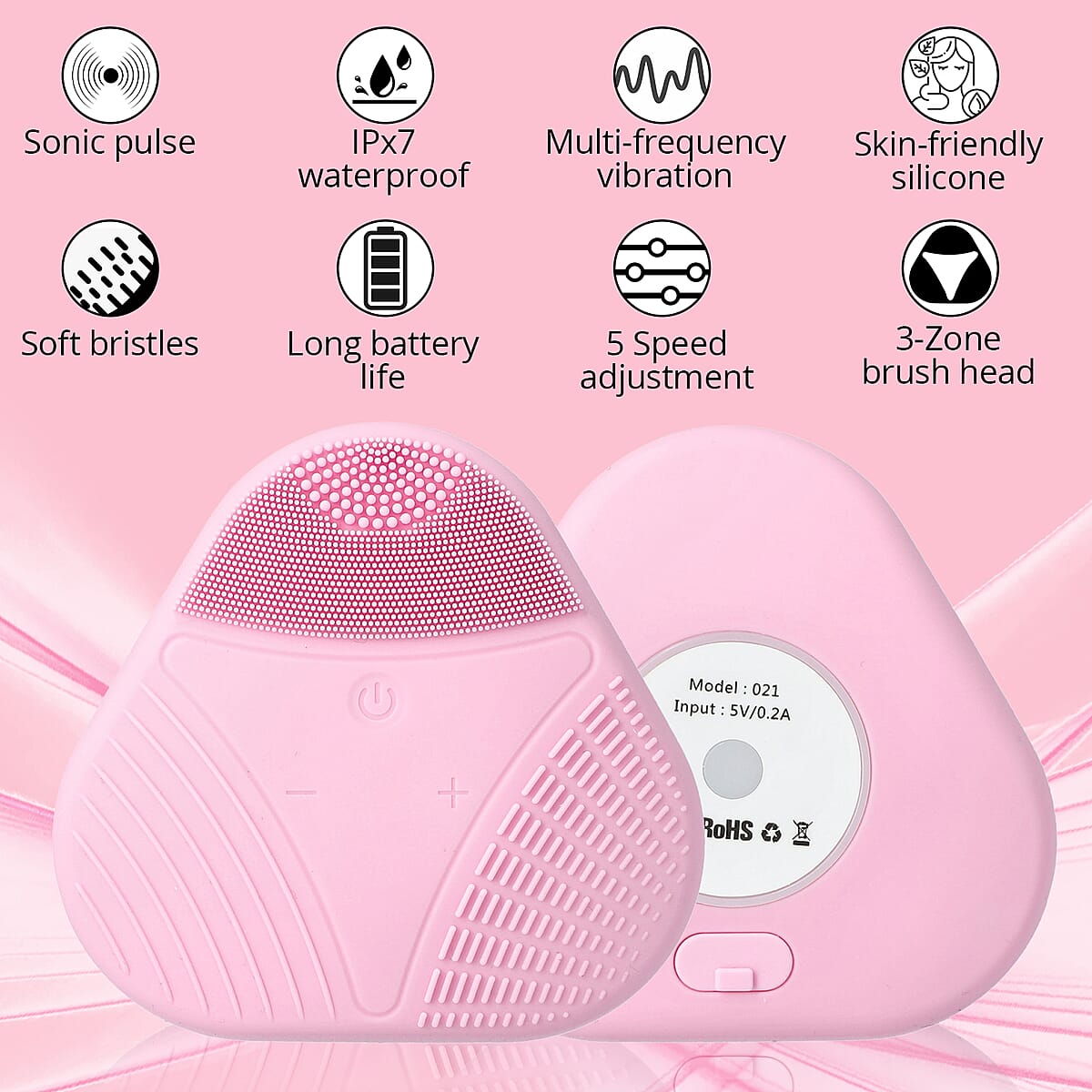 Pink Triangular Shape Silicone Face Cleanser with 5 Adjustable Vibration Level image number 2