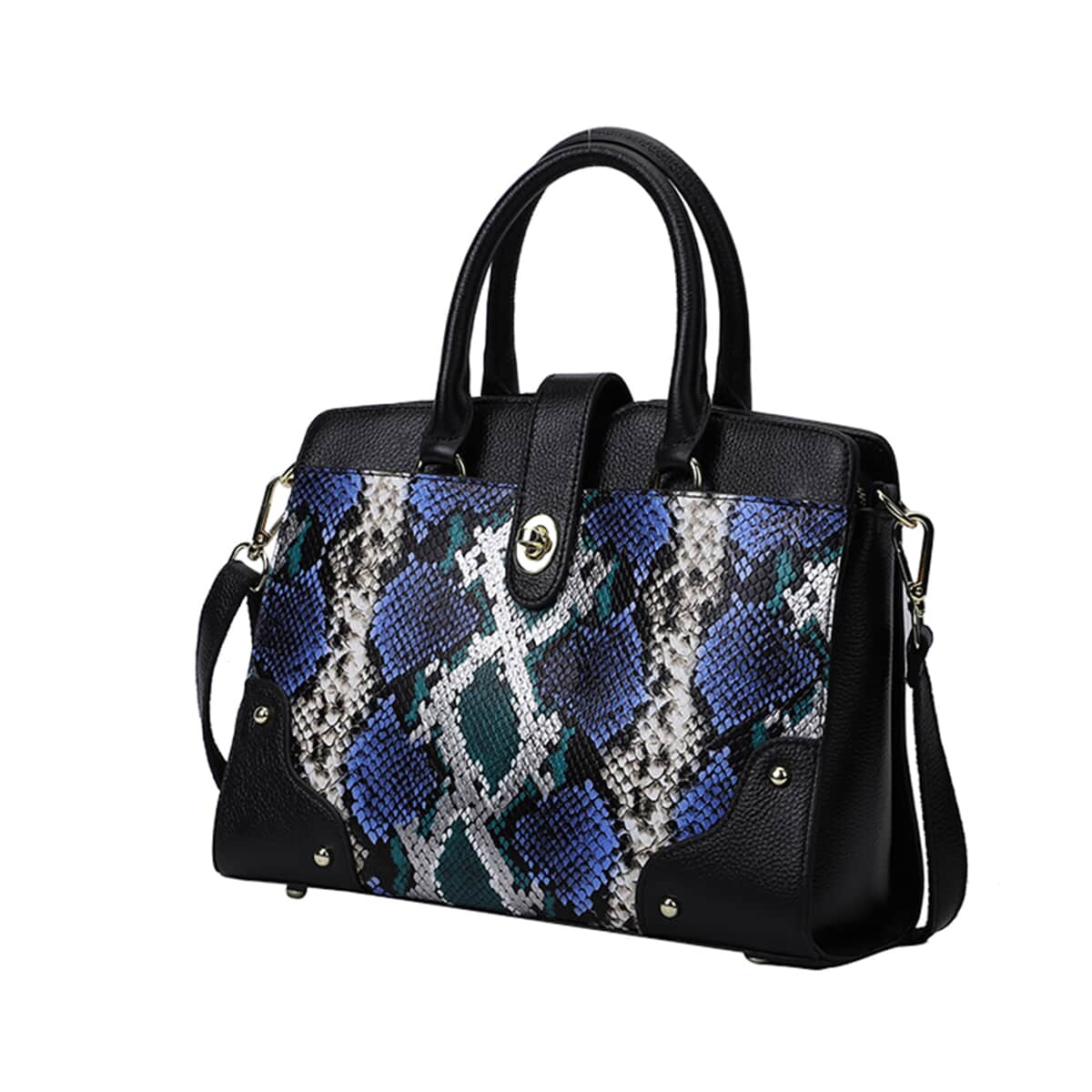 Hong Kong Closeout Collection Black, Blue & Green Snake Print Genuine Leather Convertible Bag (12.6"x4.72"x9.06") image number 6