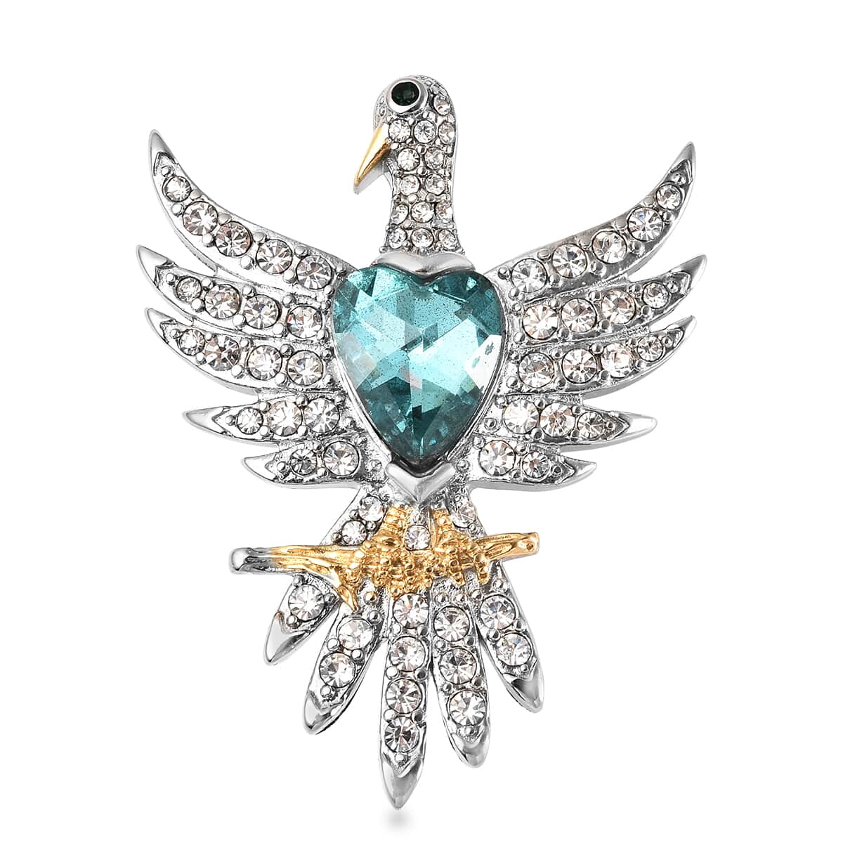 Blue and White Austrian Crystal Open Wings Dove Brooch in ION Plated Yellow Gold and Stainless Steel image number 0