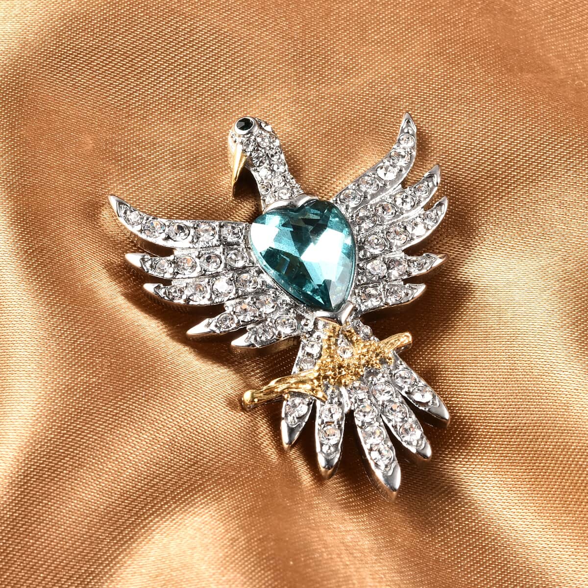Blue and White Austrian Crystal Open Wings Dove Brooch in ION Plated Yellow Gold and Stainless Steel image number 1