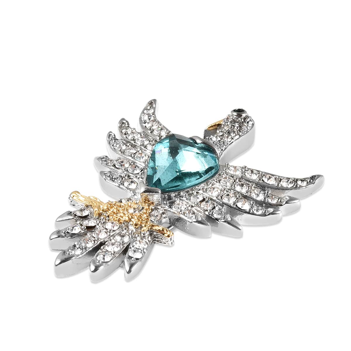 Blue and White Austrian Crystal Open Wings Dove Brooch in ION Plated Yellow Gold and Stainless Steel image number 2