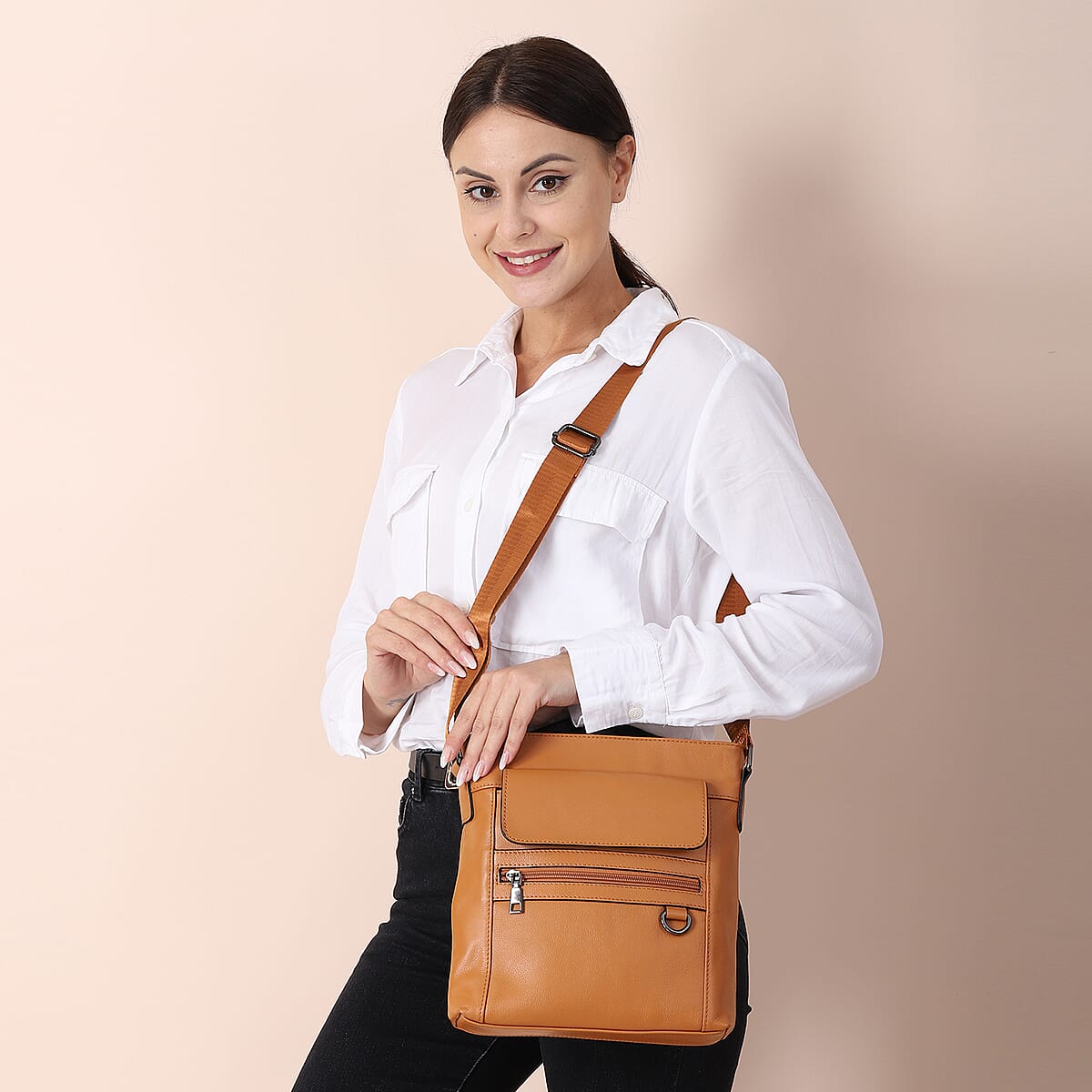 Studio Collection Genuine Leather Organizational Crossbody Bag -Brown with Shoulder Strap image number 1