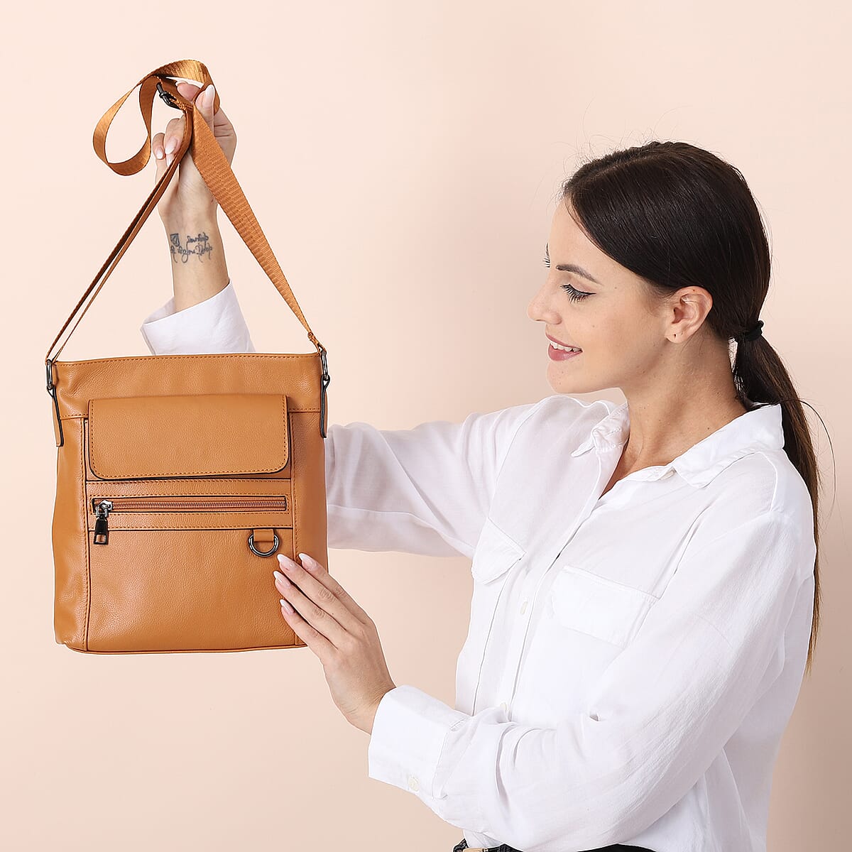 Studio Collection Genuine Leather Organizational Crossbody Bag -Brown with Shoulder Strap image number 2