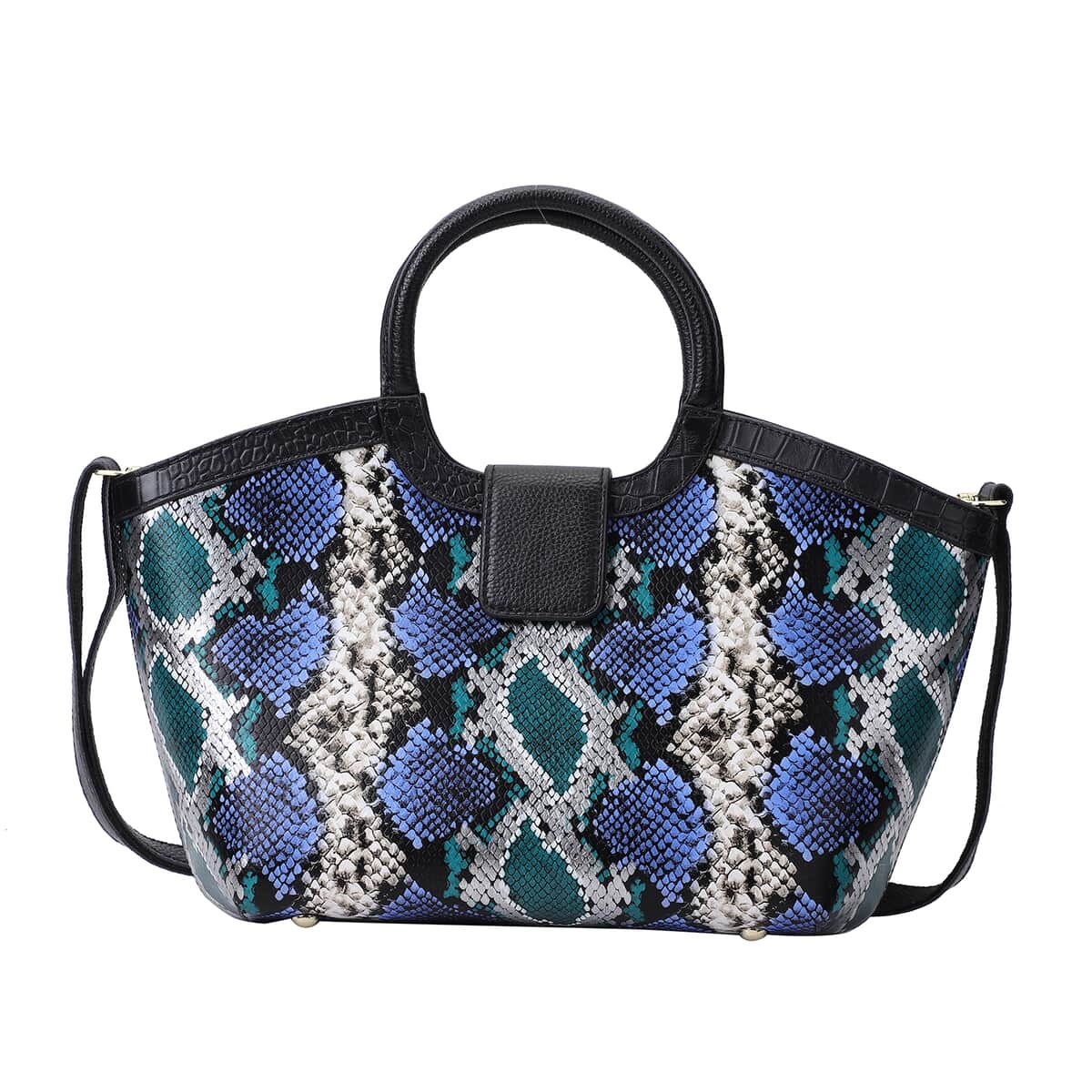 Hong Kong Closeout Collection Black, Blue and Green Snakeskin Print Genuine Leather Convertible Tote Bag image number 0