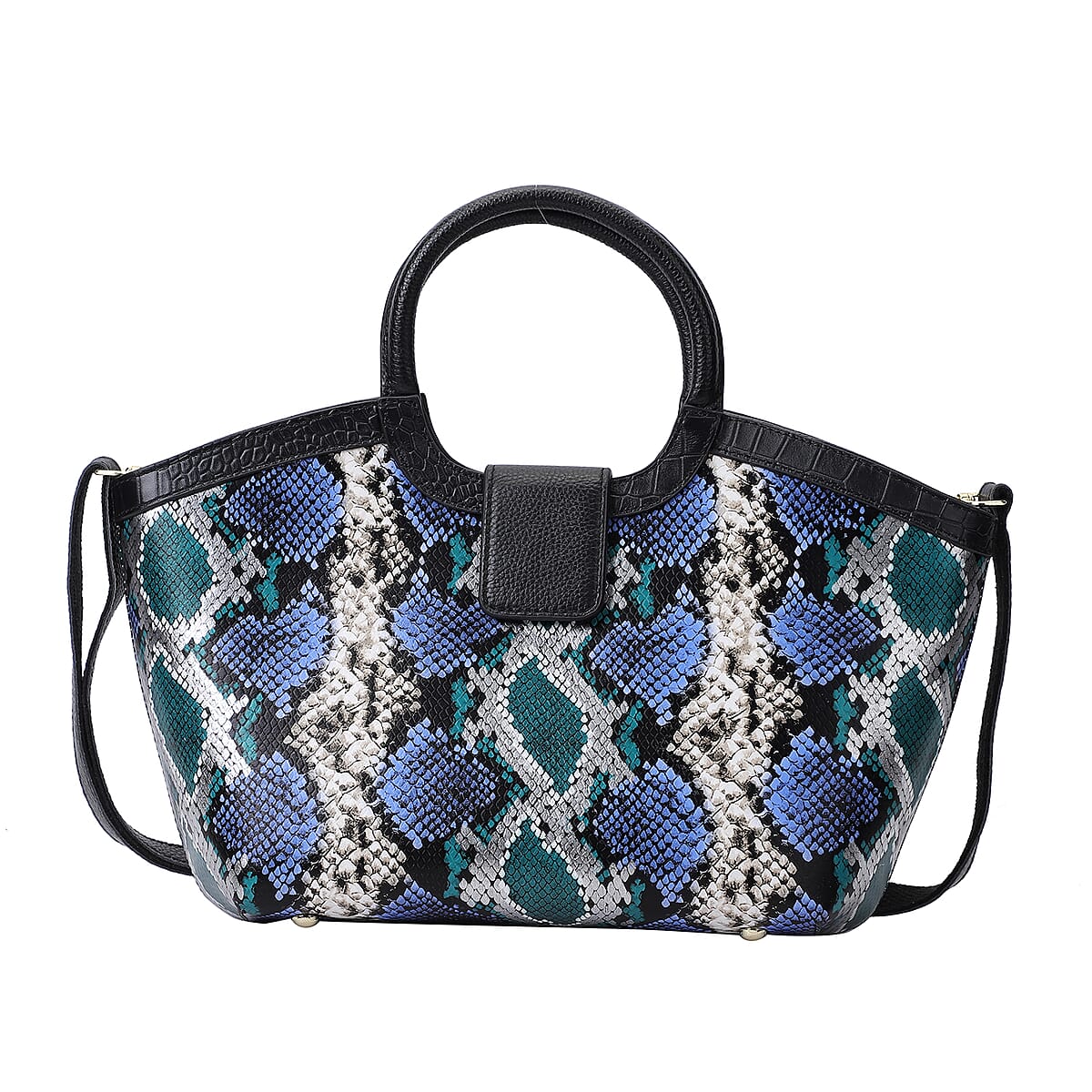 Hong Kong Closeout Collection Black, Blue and Green Snakeskin Print Genuine Leather Convertible Tote Bag image number 0