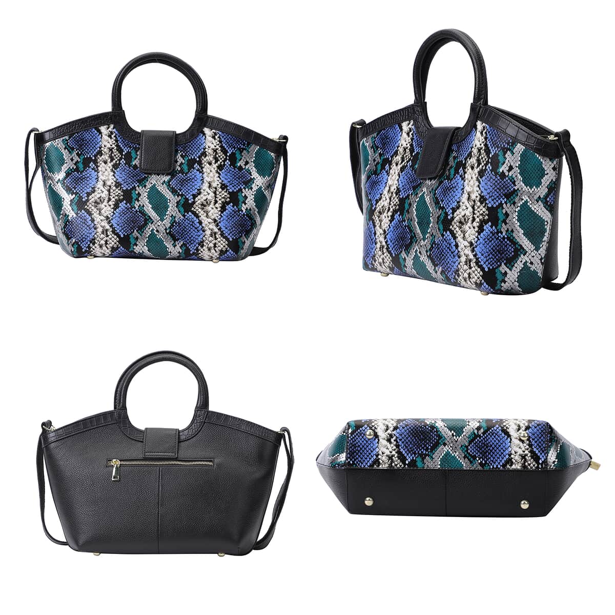 Hong Kong Closeout Collection Black, Blue and Green Snakeskin Print Genuine Leather Convertible Tote Bag image number 3