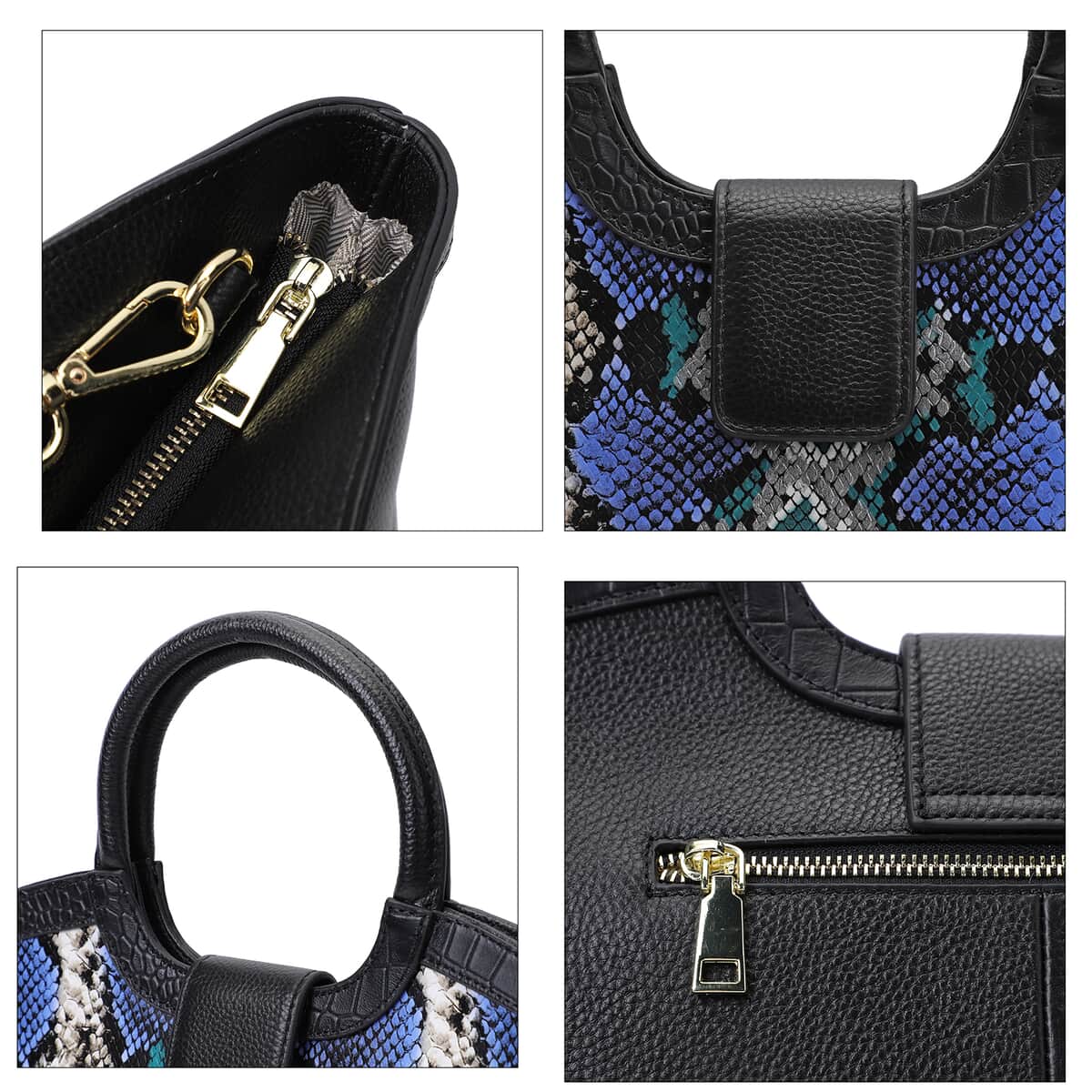 Hong Kong Closeout Collection Black, Blue and Green Snakeskin Print Genuine Leather Convertible Tote Bag image number 4