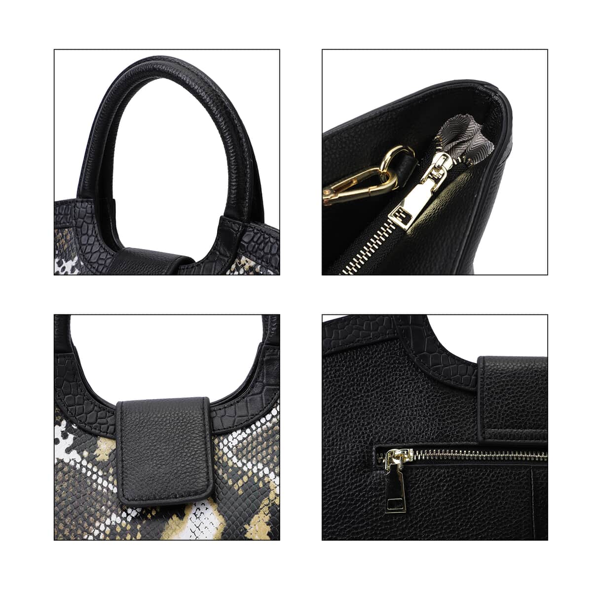 Hong Kong Closeout Collection Black and Brown Snakeskin Print Genuine Leather Convertible Tote Bag image number 2