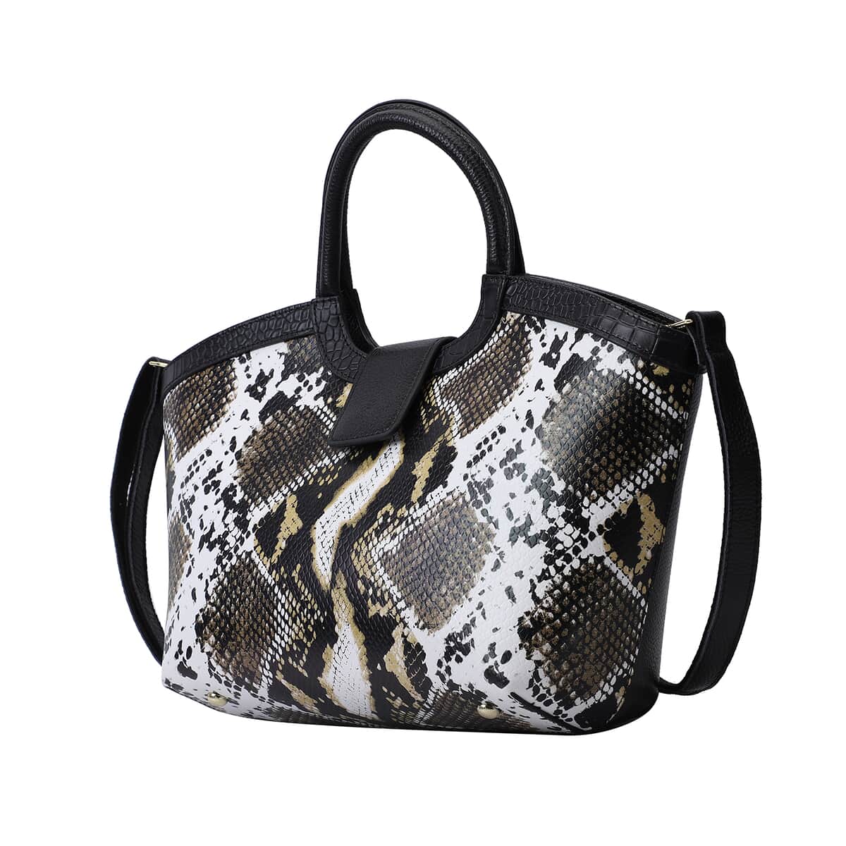 Hong Kong Closeout Collection Black and Brown Snakeskin Print Genuine Leather Convertible Tote Bag image number 4