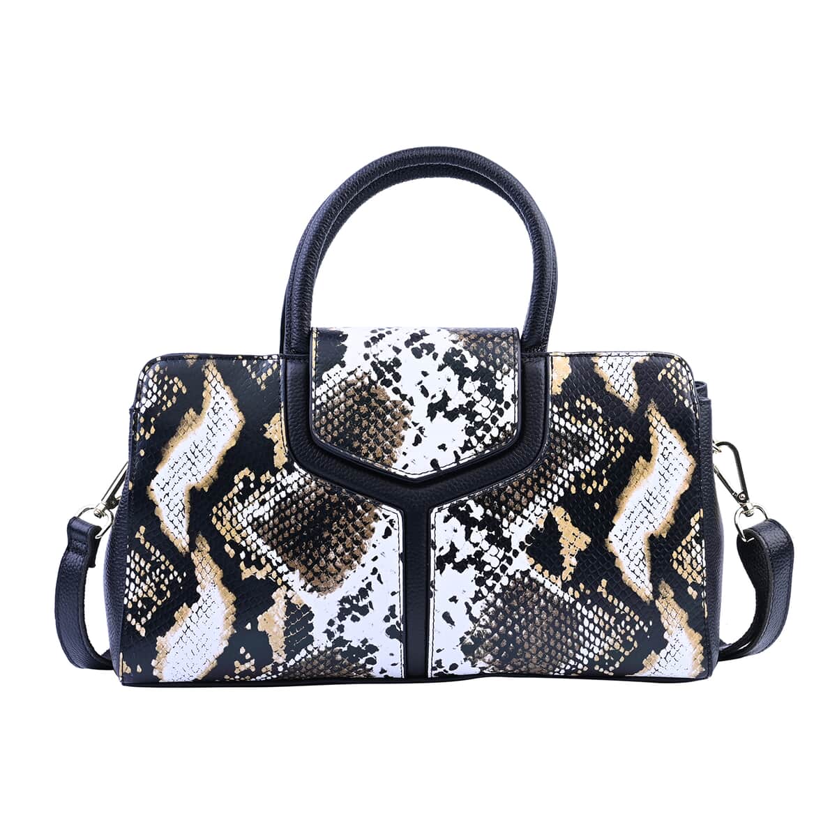 Hong Kong Closeout Collection Black and Brown Snakeskin Print Genuine Leather Convertible Bag with Flap Lock & Zip Closure (12.2"x3.5"x7.096") image number 0