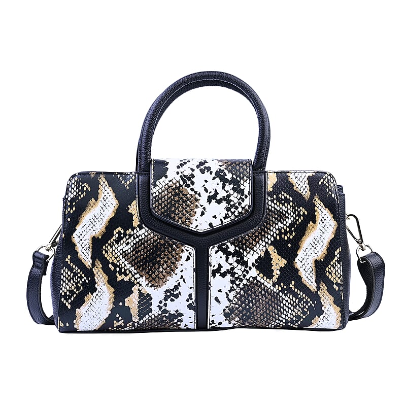 Hong Kong Closeout Collection Black and Brown Snakeskin Print Genuine Leather Convertible Tote Bag with Flap Lock & Zip Closure