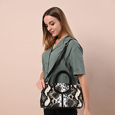 Hong Kong Closeout Collection Black and Brown Snakeskin Print Genuine Leather Convertible Tote Bag with Flap Lock & Zip Closure