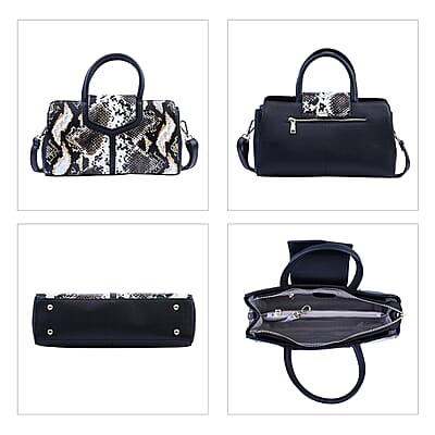 Hong Kong Closeout Collection Black and Brown Snakeskin Print Genuine Leather Convertible Tote Bag with Flap Lock & Zip Closure