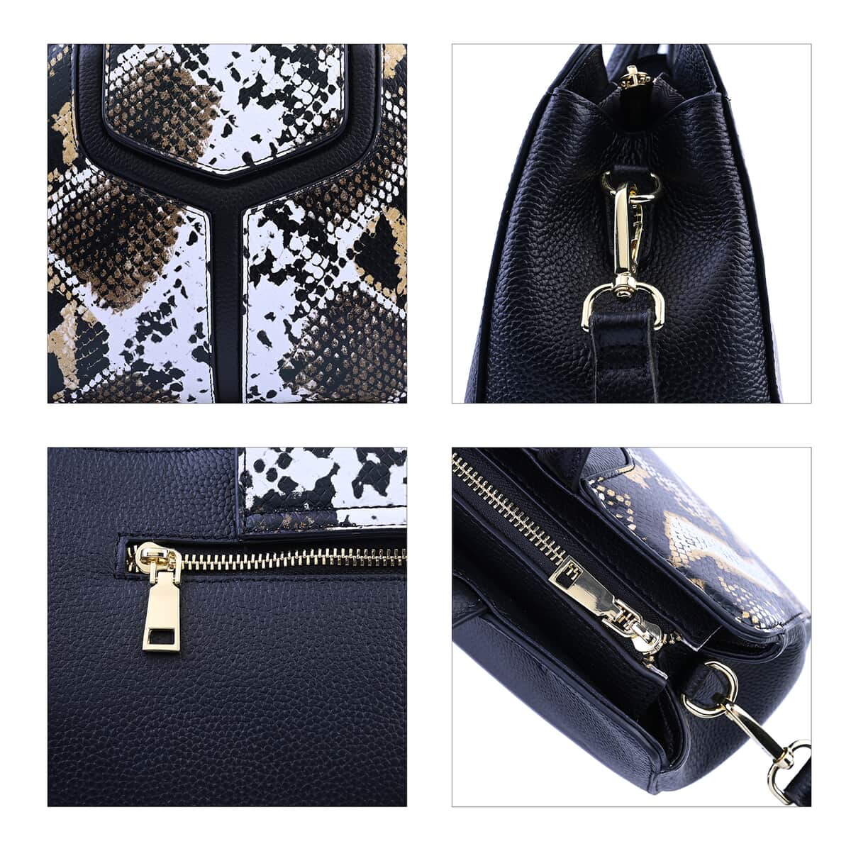 Hong Kong Closeout Collection Black and Brown Snakeskin Print Genuine Leather Convertible Bag with Flap Lock & Zip Closure (12.2"x3.5"x7.096") image number 4